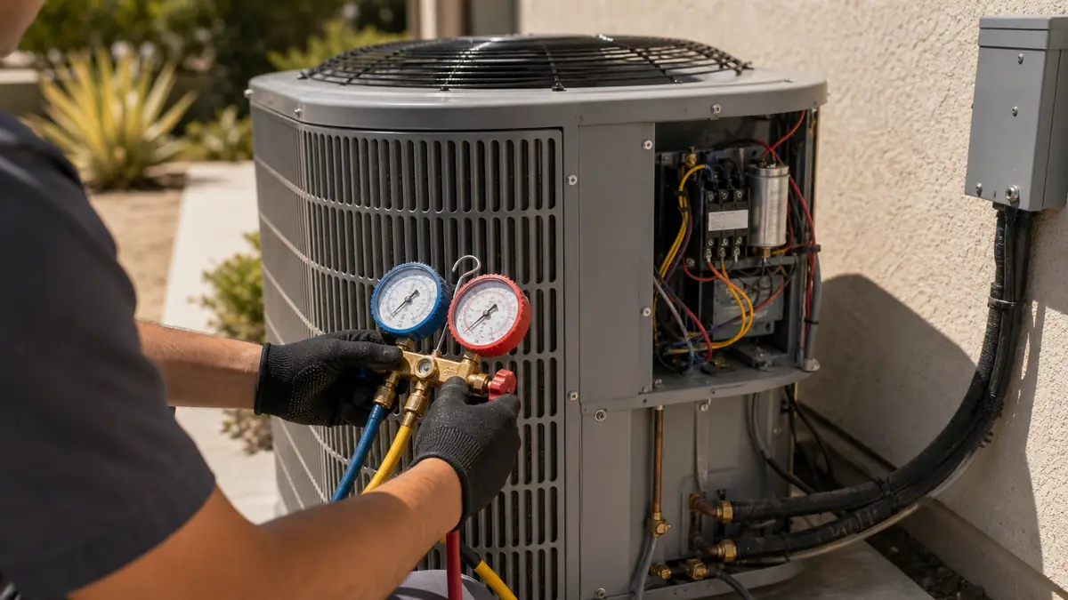 Technician checking refrigerant charge on a short-cycling Trane AC in West Covina