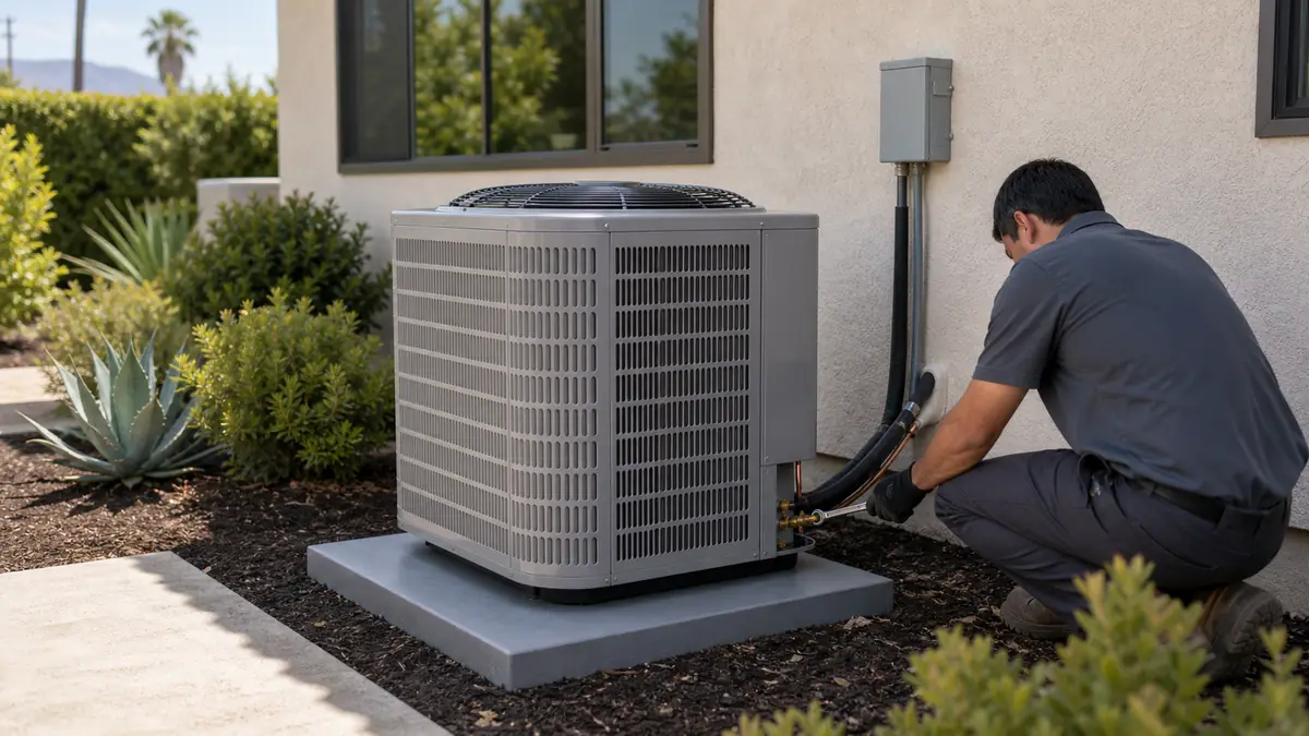 New Trane Spine Fin condenser set on a pad at a West Covina home