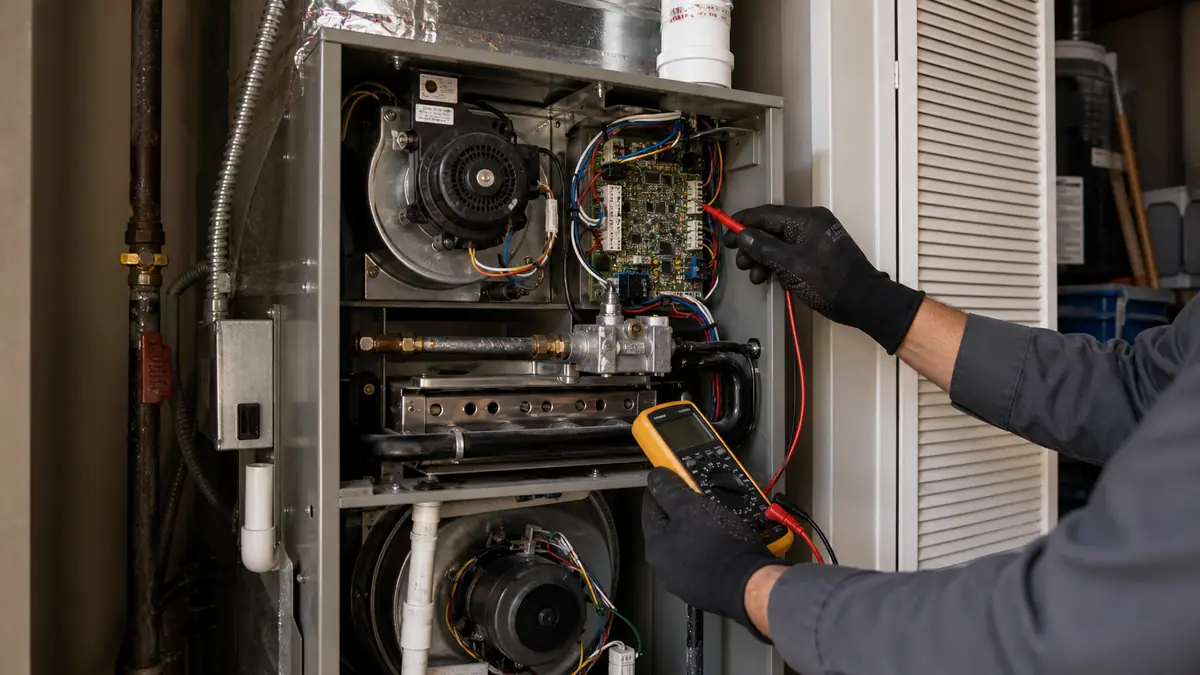 Trane furnace control board showing an LED flash code in a West Covina home