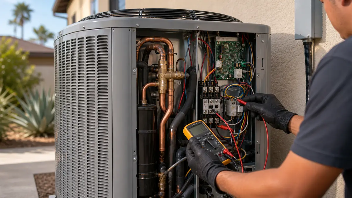 Technician metering a Trane heat pump reversing valve solenoid in West Covina